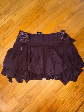 Dolls Kill Chocolate Brown Tiered Mini Skirt with Lace-Up Waist